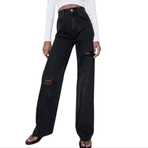 Zara Denim - ZARA ripped wide leg jeans black distressed NWT Blogger favorite